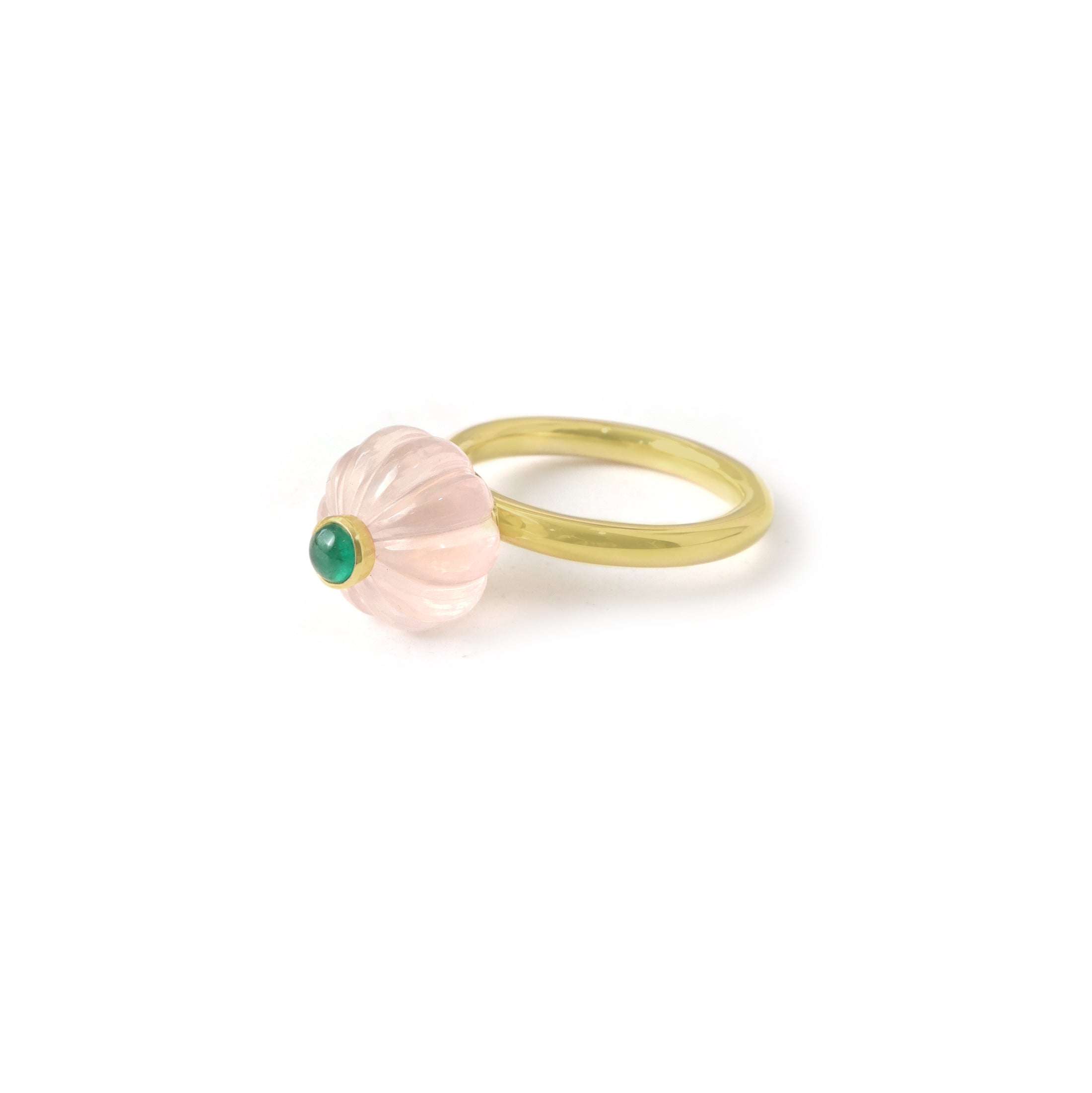 Natural Rose Quartz and Emerald 14K gold ring top view - NFJSD-1967