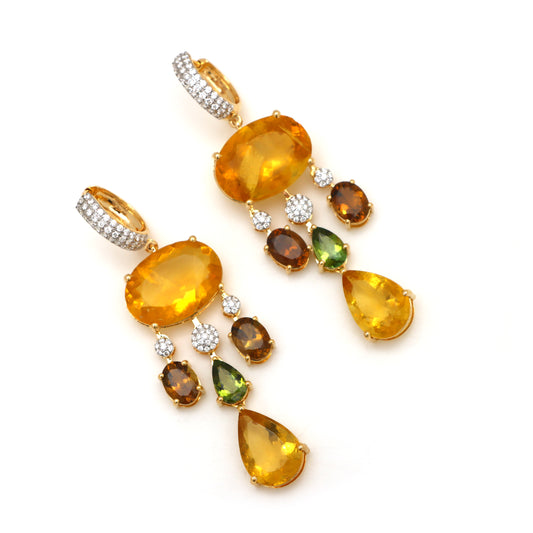 Natural Tourmaline and Yellow Fluorite 18K gold earrings front view - NFJSD-1581