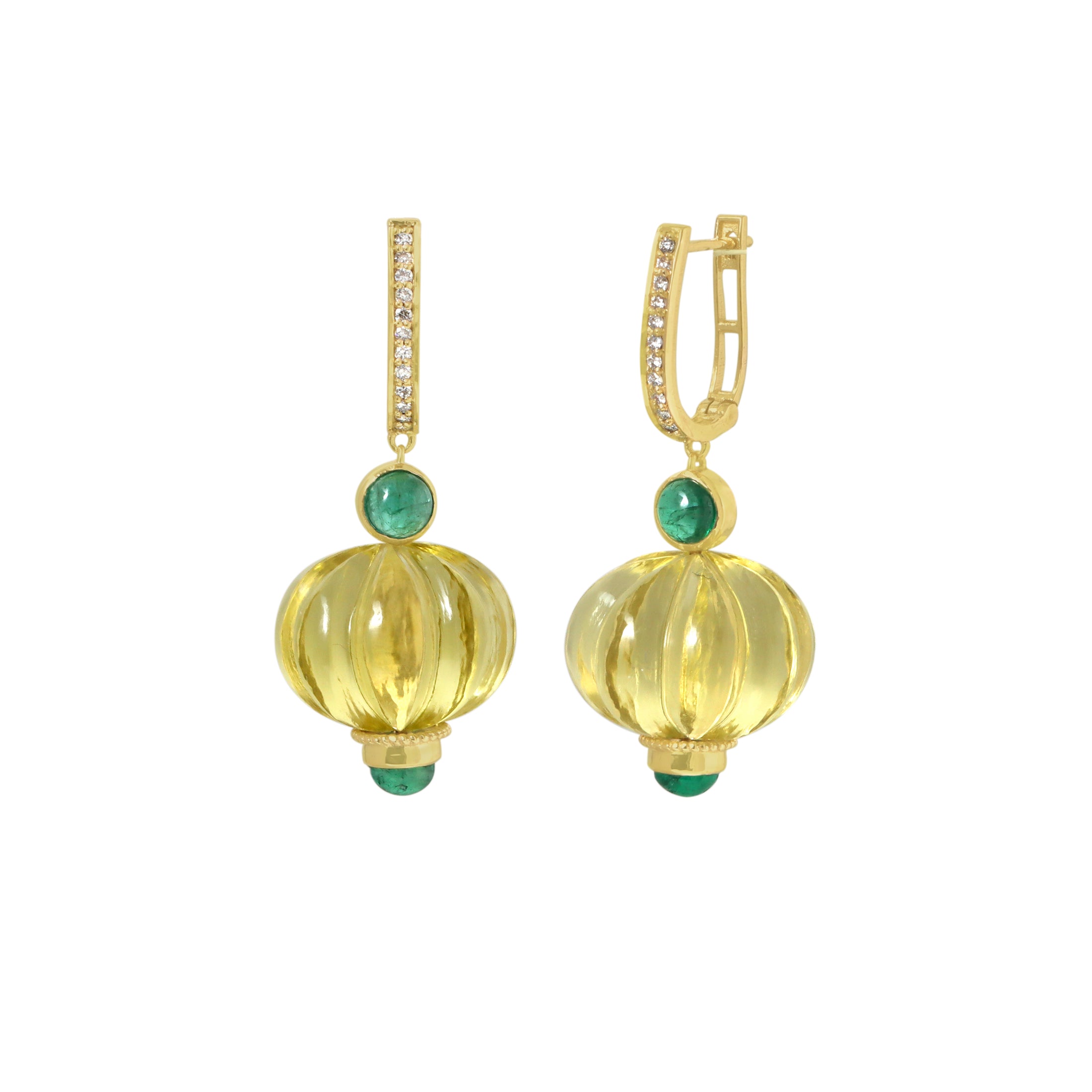 Natural Lemon Quartz and Emerald 14K gold earrings close-up detail - NFJSD-1912