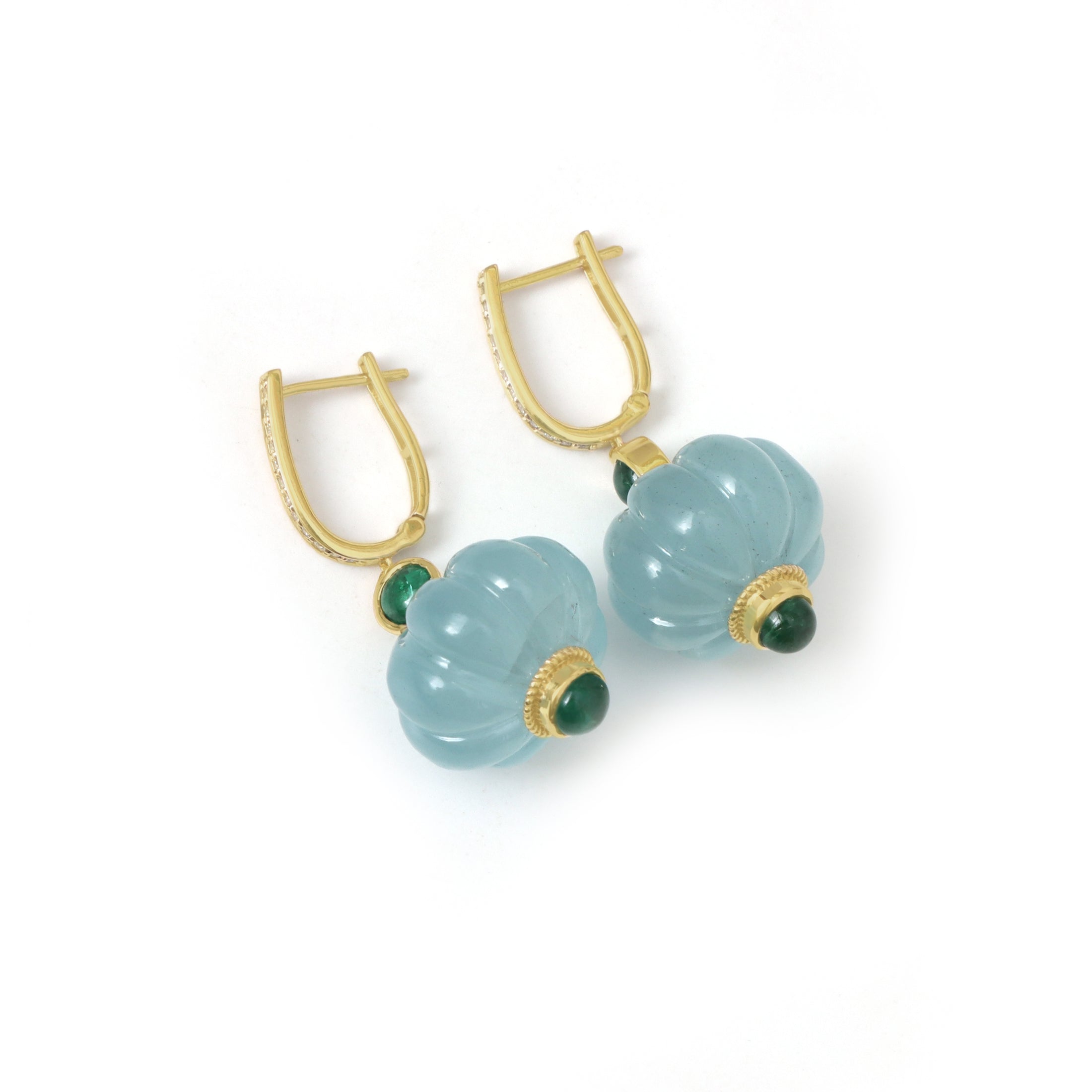Natural Aquamarine and Emerald 14K gold earrings top view - NFJSD-1919