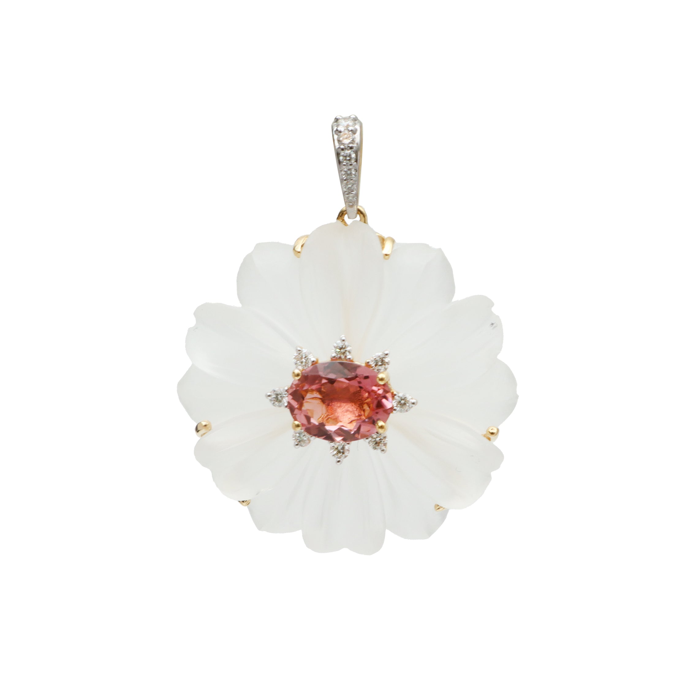 Natural Crystal Carving and Tourmaline 18K gold pendant back view - NFJSD-1715