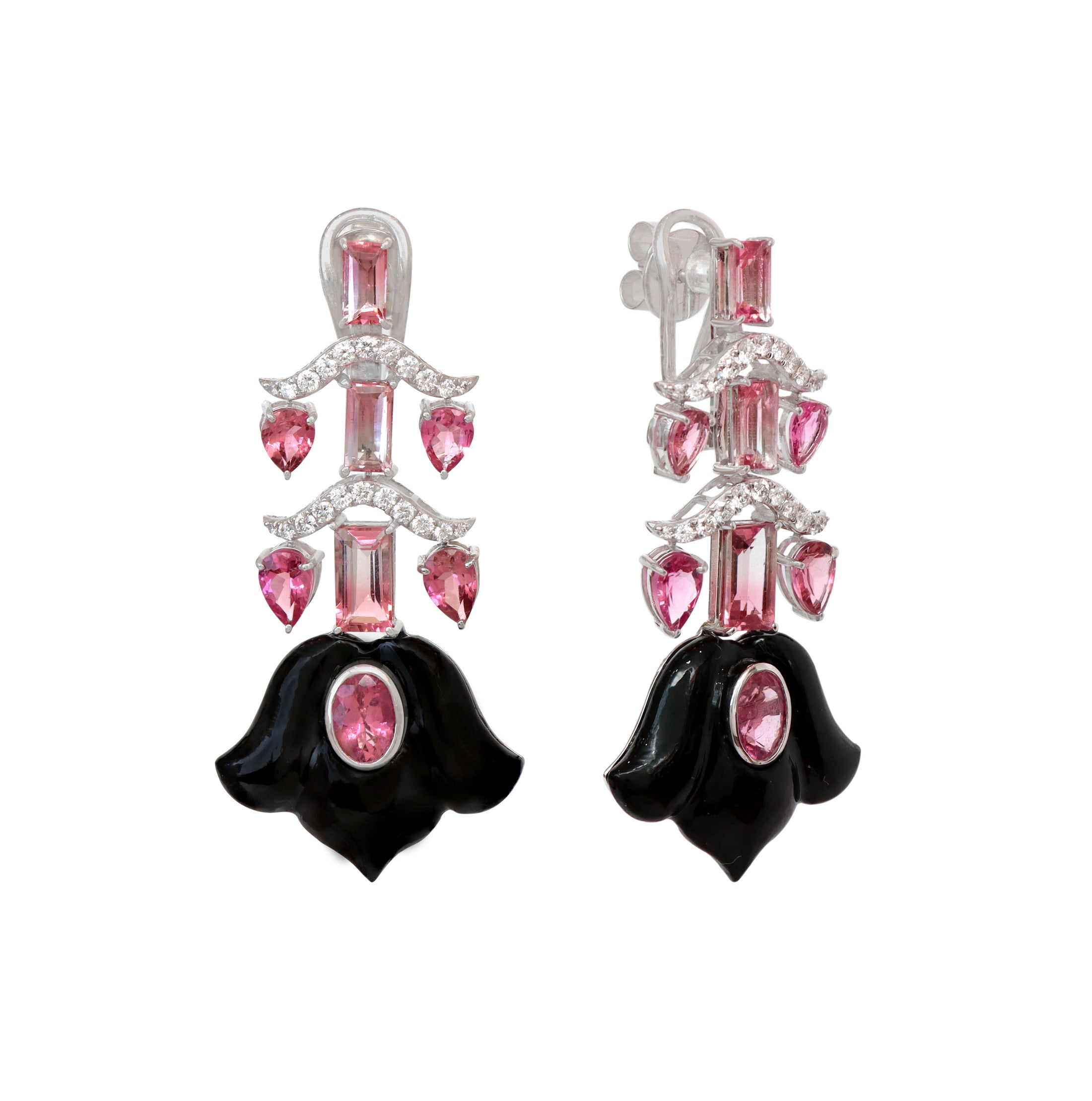 Natural Black Onyx and Tourmaline 18K gold earrings on-hand view - NFJSD-1807