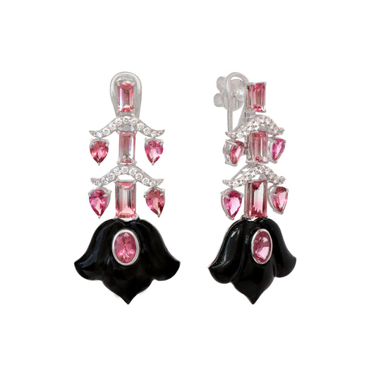 Natural Black Onyx and Tourmaline 18K gold earrings on-hand view - NFJSD-1807