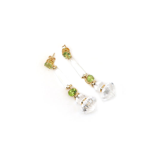 Natural Crystal and Peridot 14K gold earrings front view - NFJSD-1820