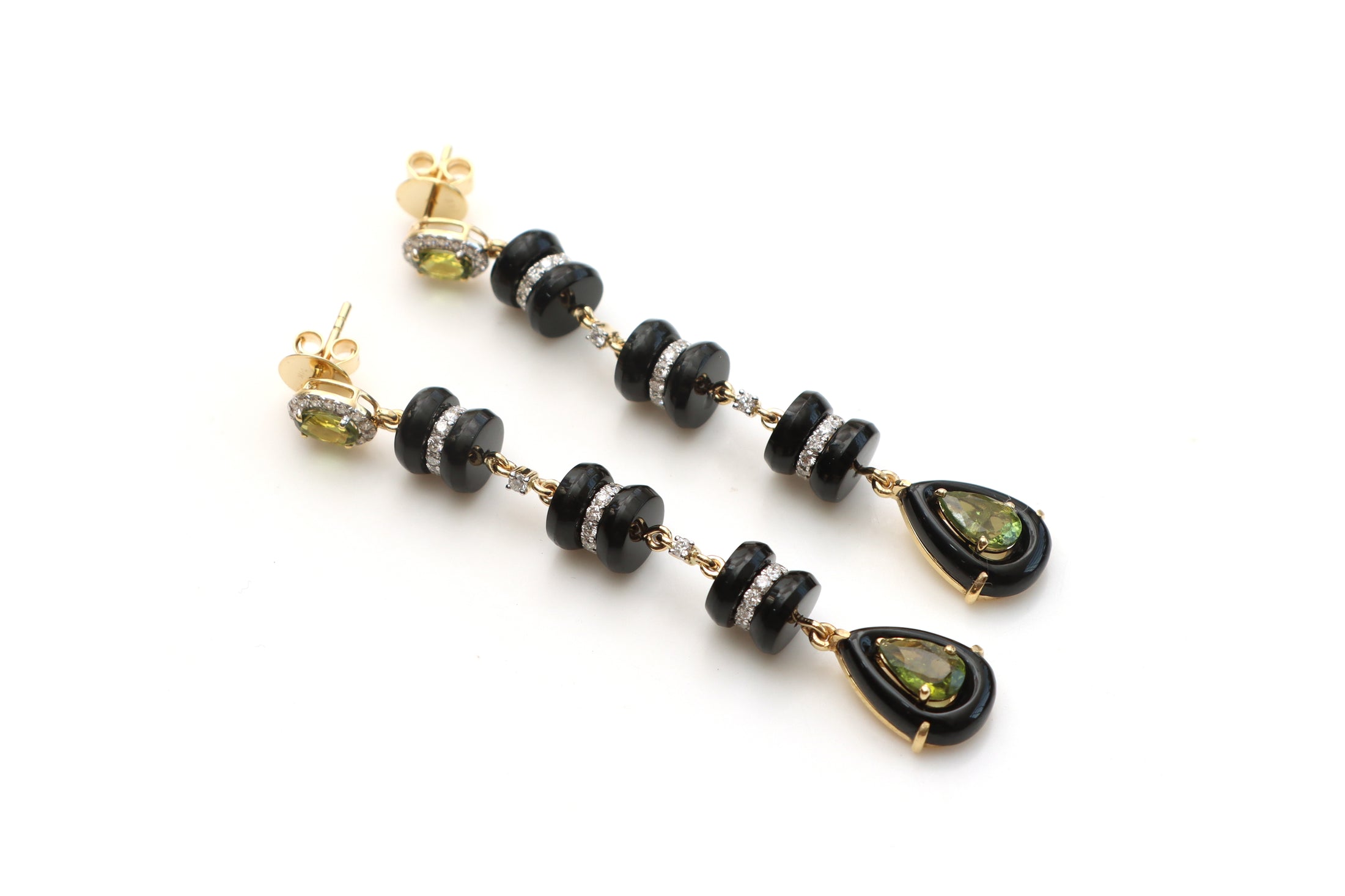 Natural Tourmaline Mix Cut and Black Onyx Frame 14K gold earrings front view - NFJSD-1127