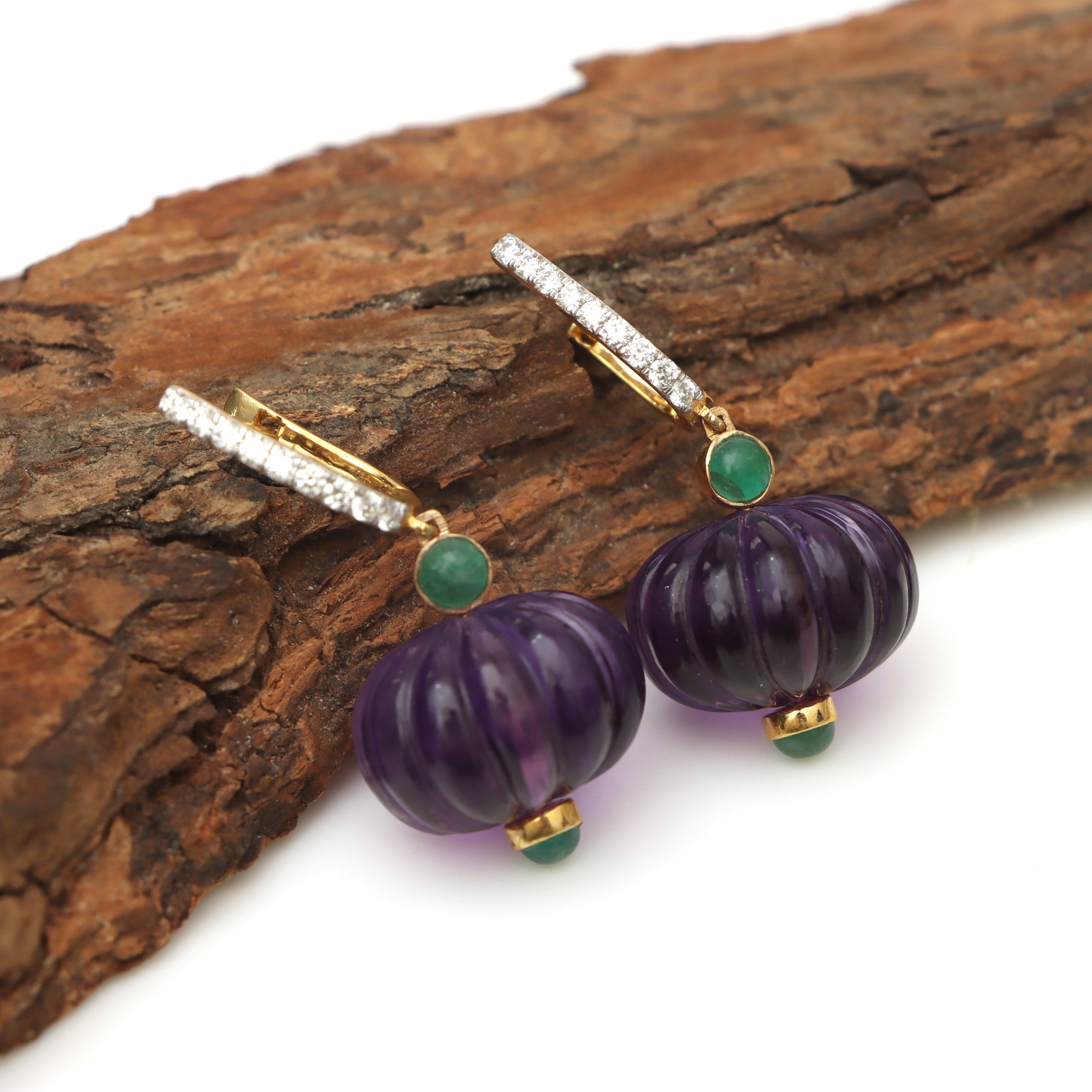 Natural Emerald Round Cabs and Amethyst Carving Beads 14K gold earrings on-hand view - NFJSD-1334