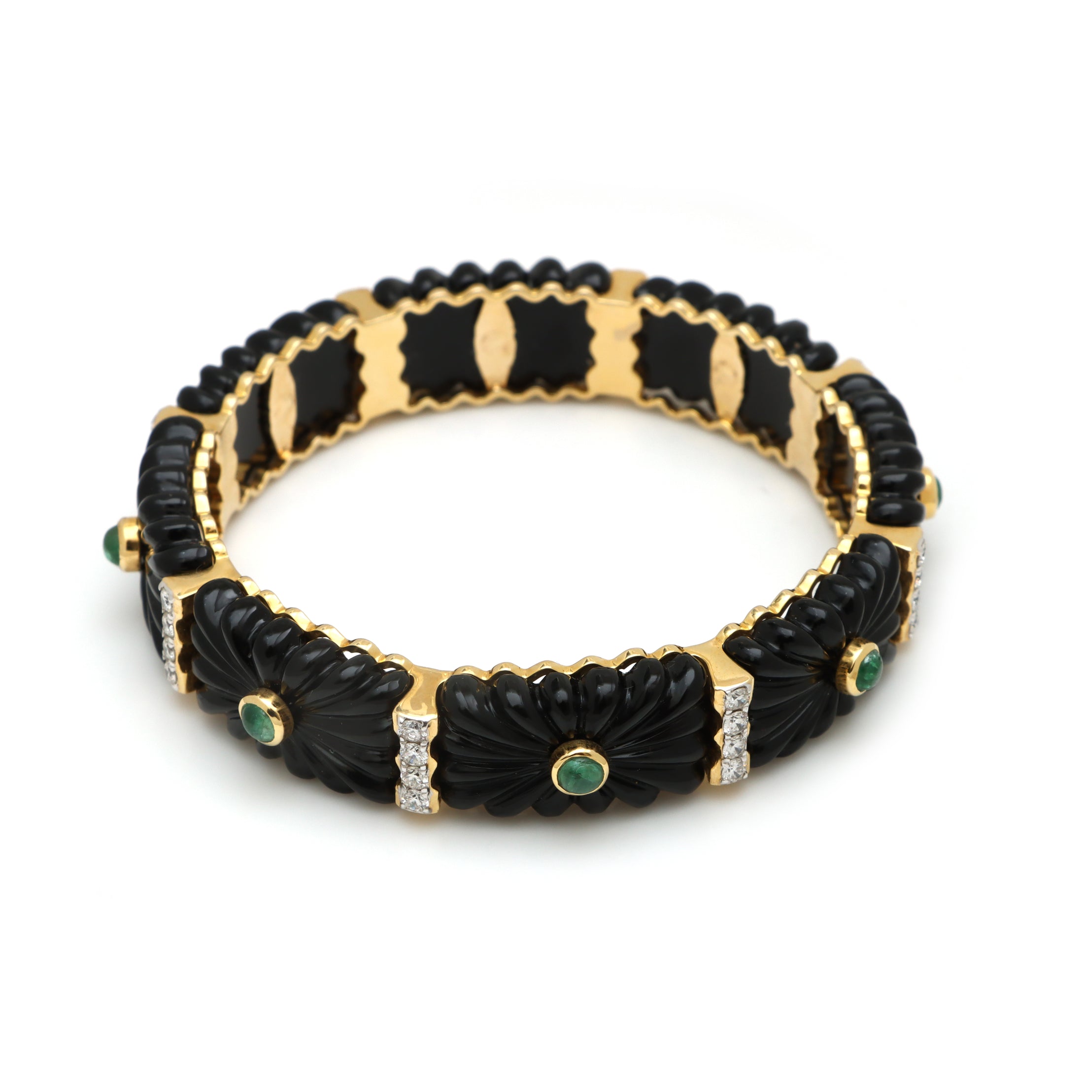 Natural Emerald Round Cabs and Black Onyx Carving 14K gold bangle on-hand view - NFJSD-1128