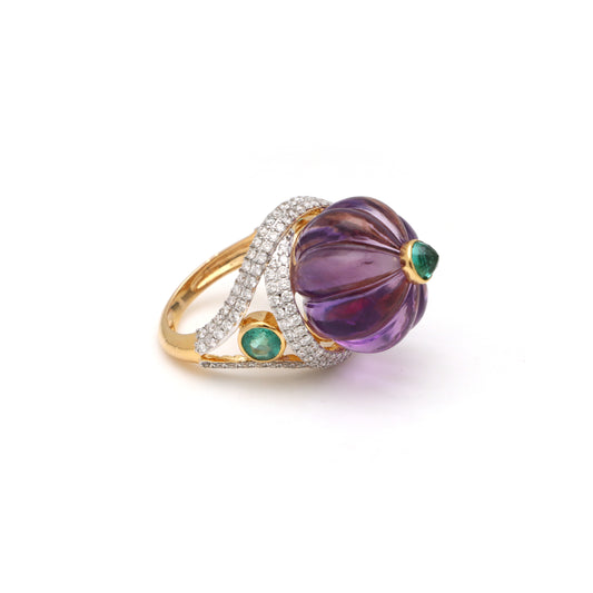 Natural Amethyst and Emerald 18K gold ring front view - NFJSD-1696