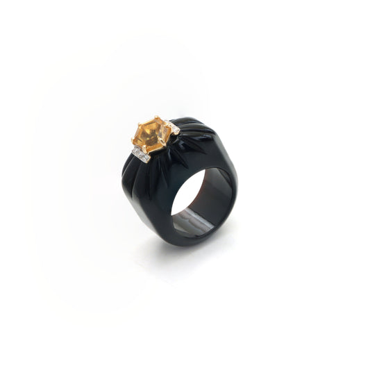 Natural Citrine Hexagon Cut and Black Onyx Carving Shank 14K gold ring side angle - NFJSD-1044