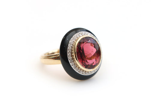Natural Rubellite Tourmaline Oval Cut and Black Onyx Frame 14K gold ring front view - NFJSD-1112
