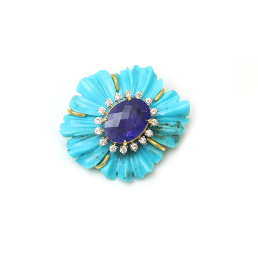 Natural Turquoise and Tanzanite 18K gold pendant front view - NFJSD-1859