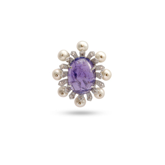Natural Tanzanite and Pearl 18K gold pendant front view - NFJSD-1981