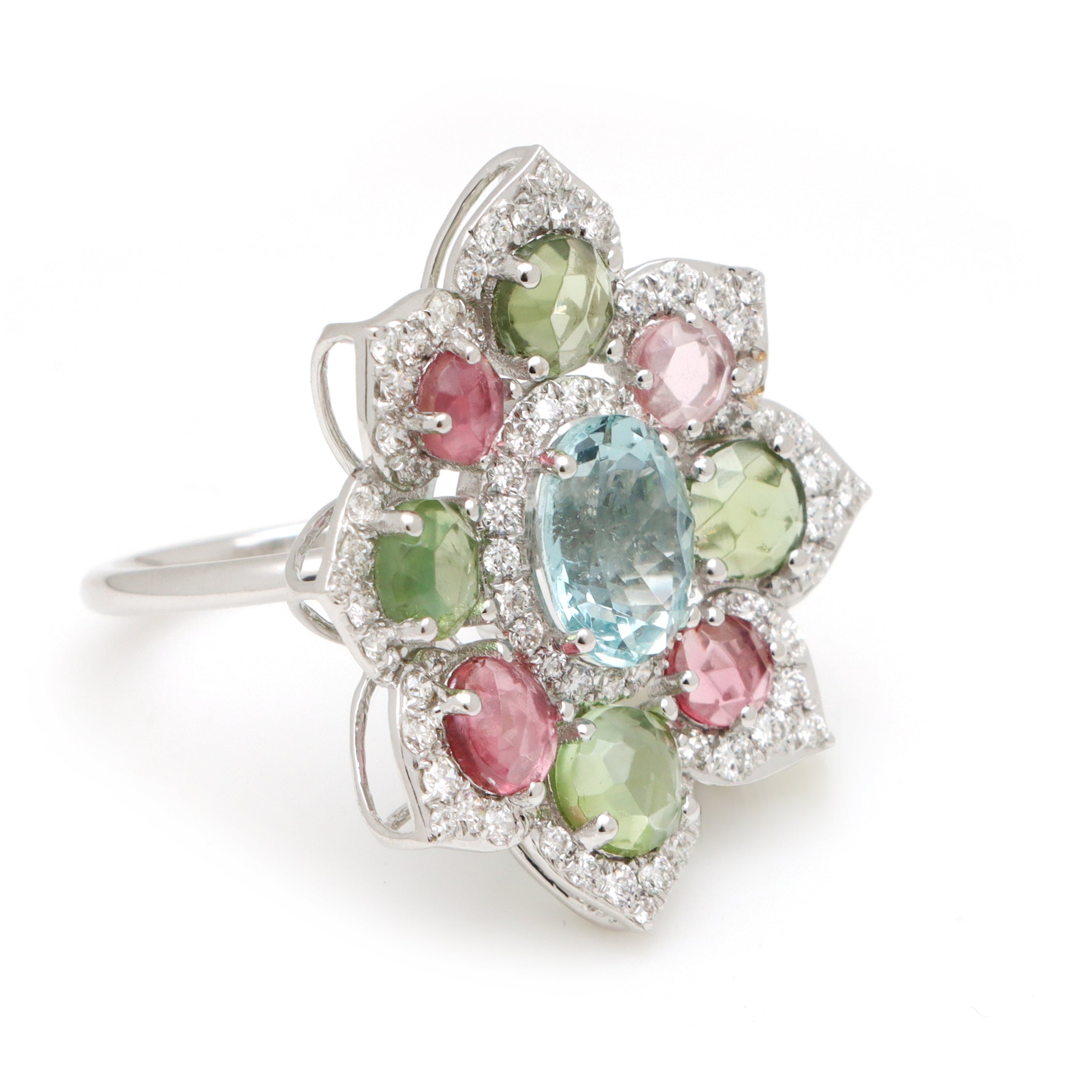 Natural Aquamarine and Tourmaline 18K gold ring side angle - NFJSD-1538