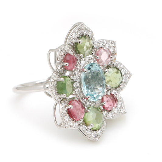 Natural Aquamarine and Tourmaline 18K gold ring side angle - NFJSD-1538