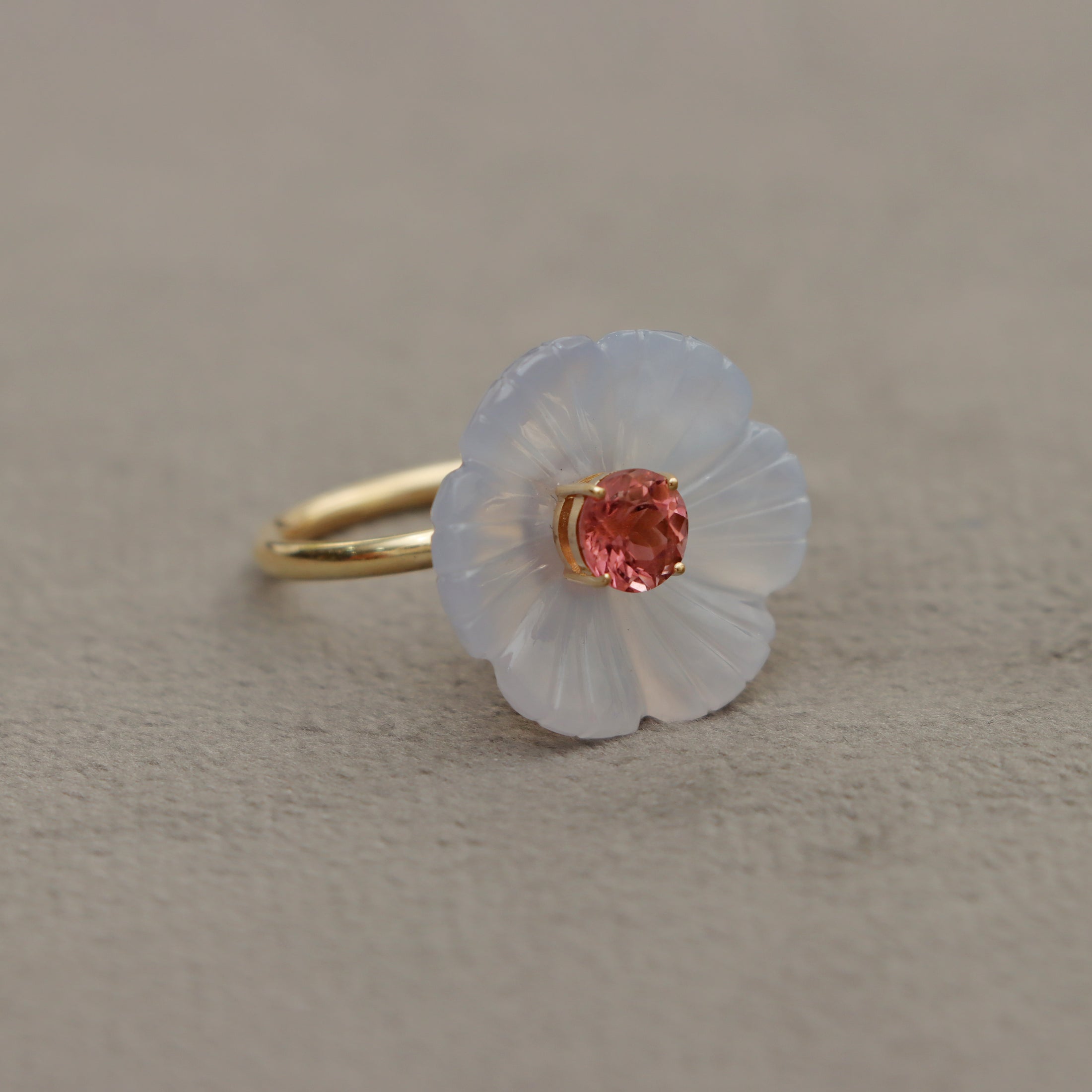 Natural Crystal Quartz Carving and Pink Tourmaline 14K gold ring back view - NFJSD-1564
