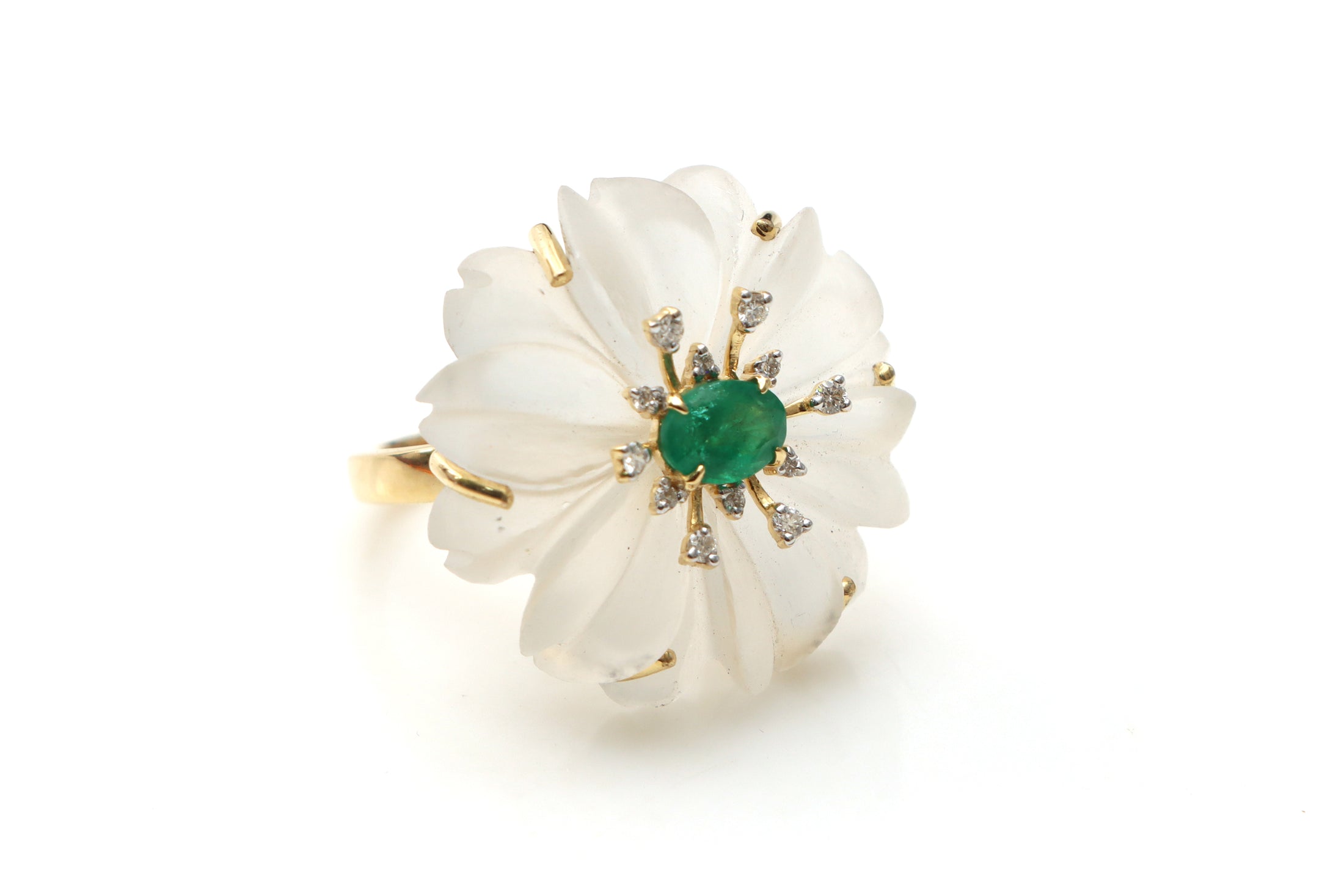 Natural Emerald Oval Cut and Crystal Carving Flower 14K gold ring front view - NFJSD-1212