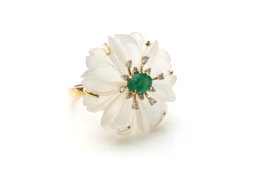 Natural Emerald Oval Cut and Crystal Carving Flower 14K gold ring front view - NFJSD-1212