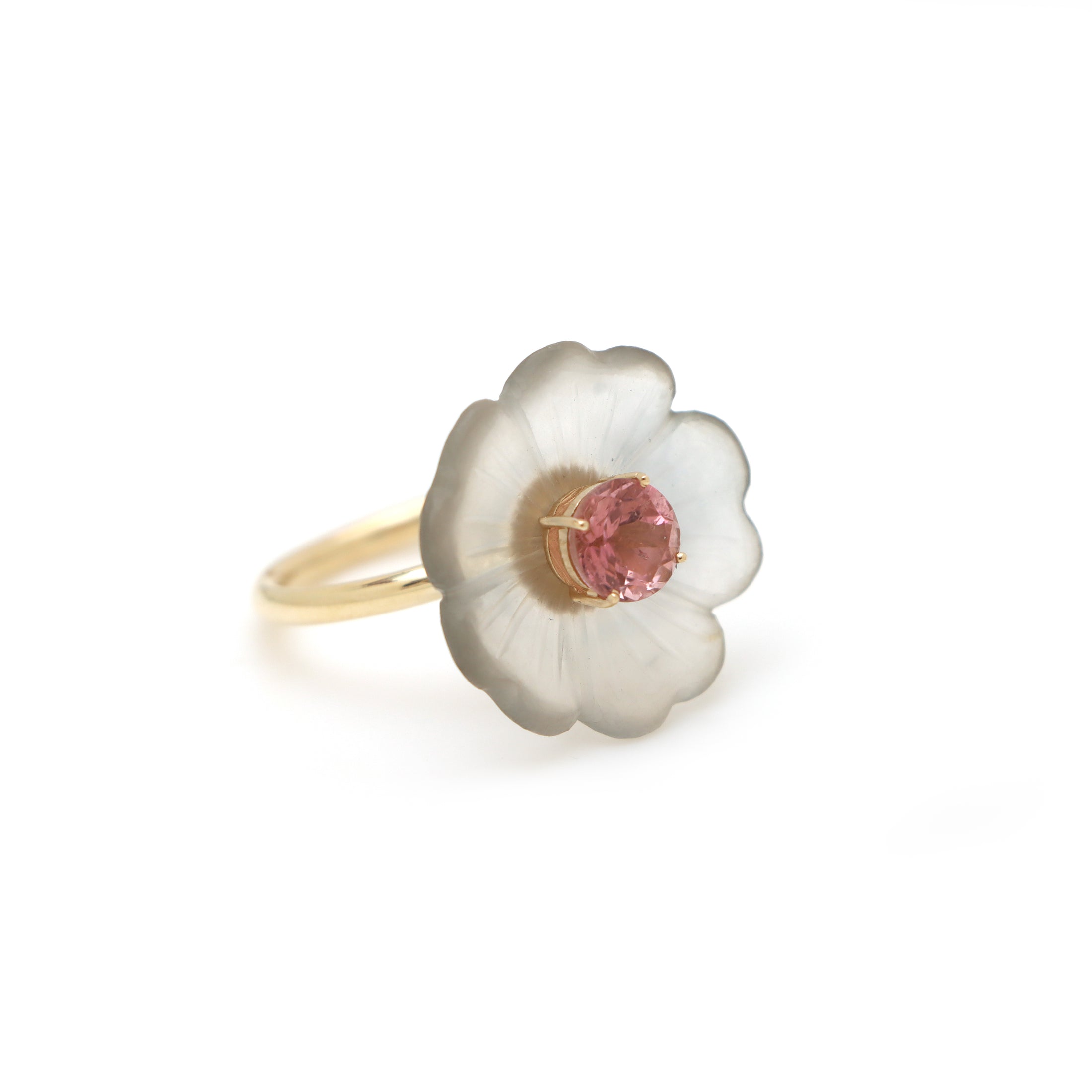 Natural Crystal Carving and Pink Tourmaline 14K gold ring top view - NFJSD-1556