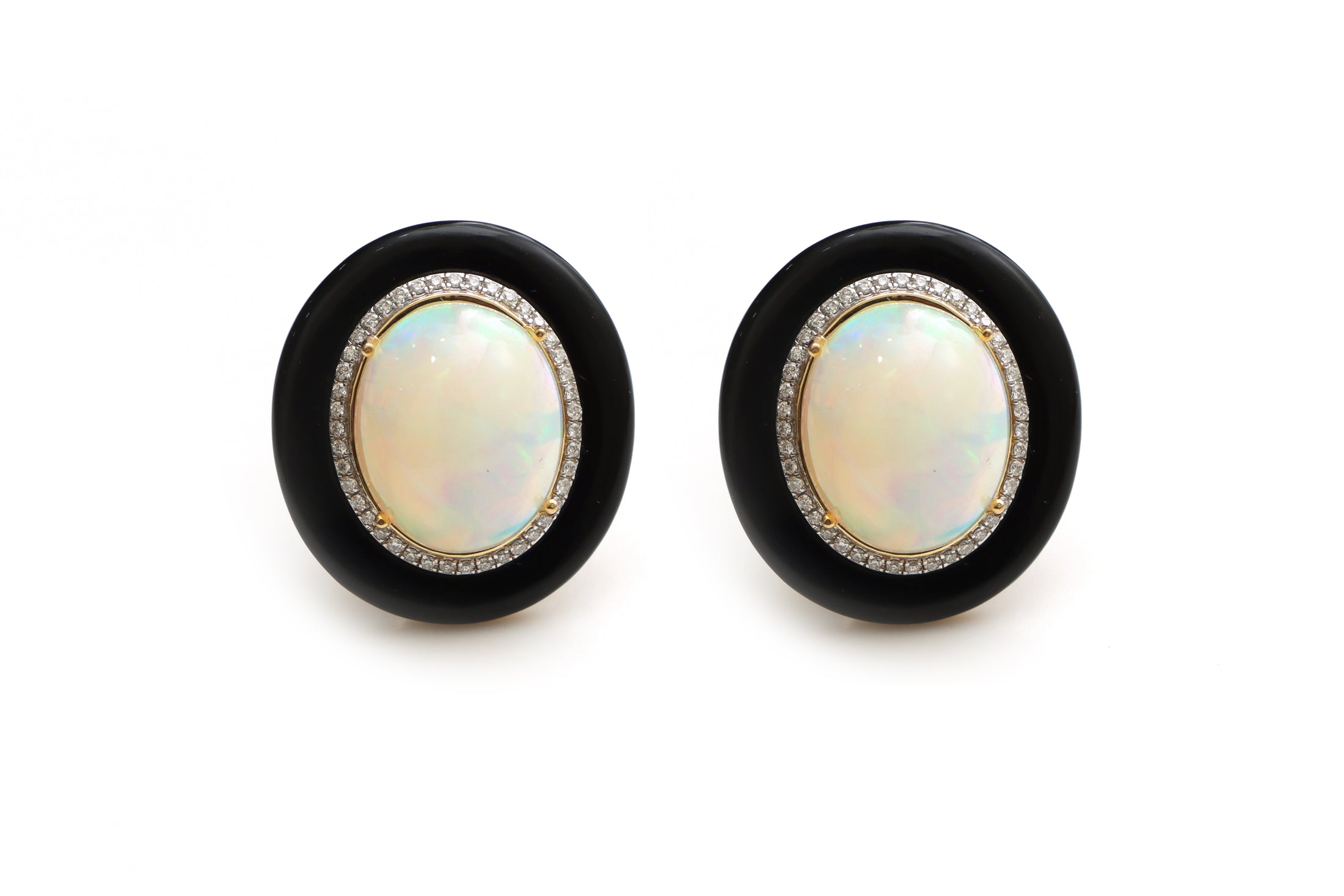 Natural Black Onyx Frames and Ethiopian Opal Oval Cabs 14K gold earrings front view - NFJSD-1305