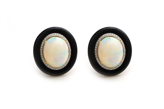 Natural Black Onyx Frames and Ethiopian Opal Oval Cabs 14K gold earrings front view - NFJSD-1305