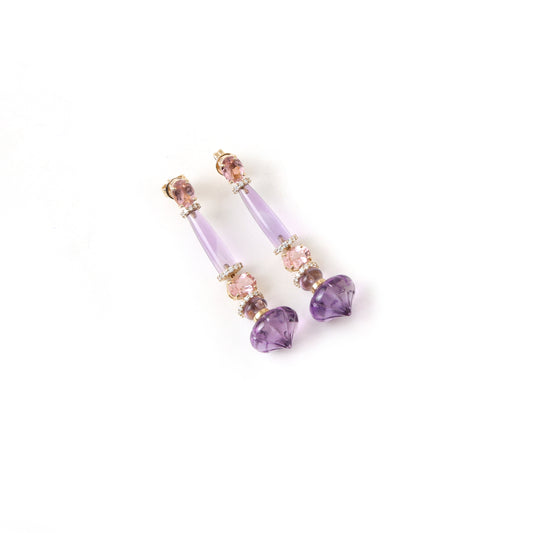 Natural Amethyst and Pink Tourmaline 14K gold earrings front view - NFJSD-1984
