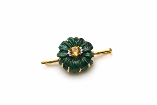 Natural Malachite Carving Flower and Yellow Aqua Round Cut 14K gold hair pin front view - NFJSD-1150