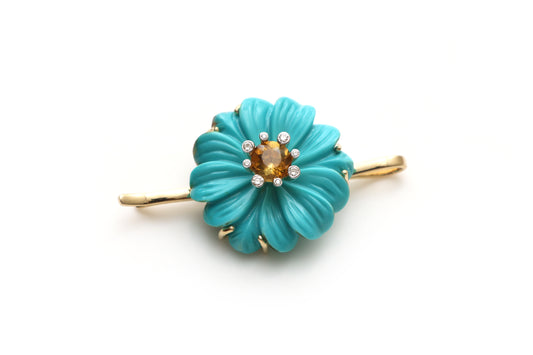 Natural Yellow Tourmaline Round  Cut and Turquoise Carving Flower 14K gold hair pin front view - NFJSD-1169