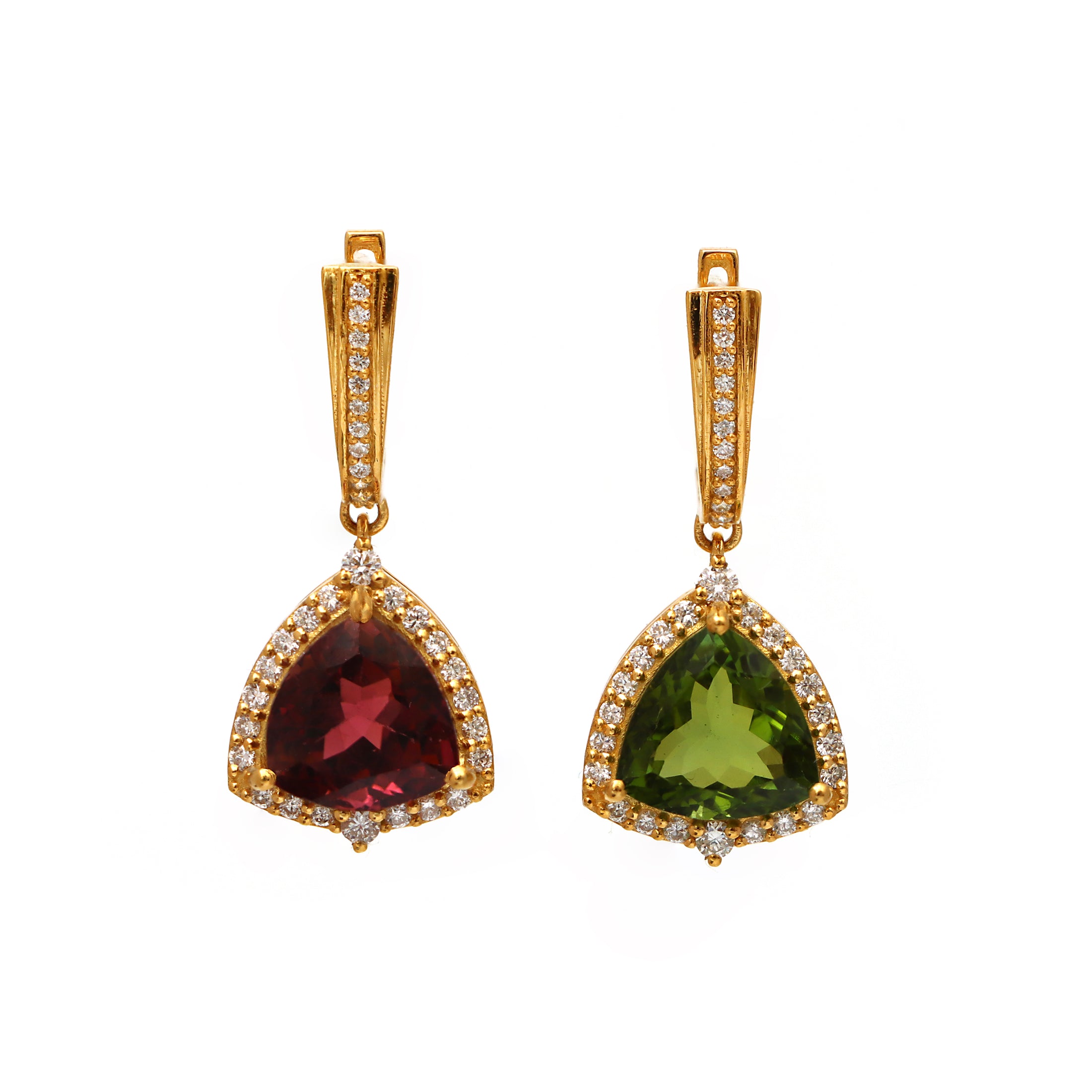 Natural Green Tourmaline and Pink Tourmaline 18K gold earrings front view - NFJSD-1599
