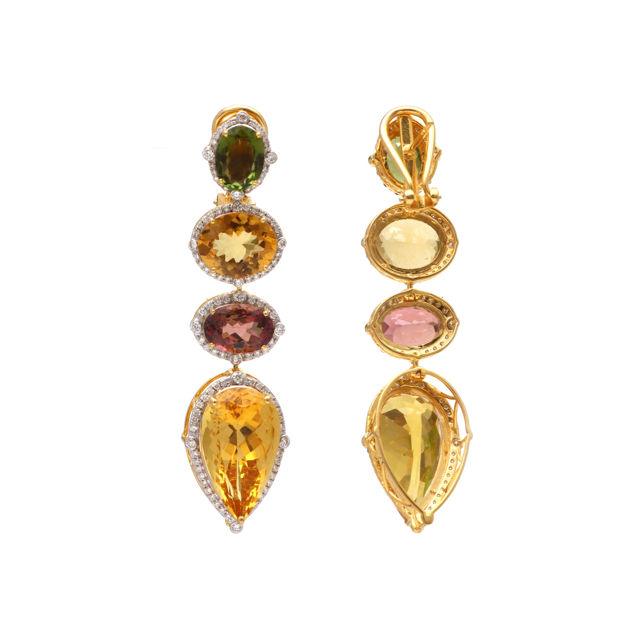Natural Mix Tourmaline and Yellow Aqua 18K gold earrings close-up detail - NFJSD-1615