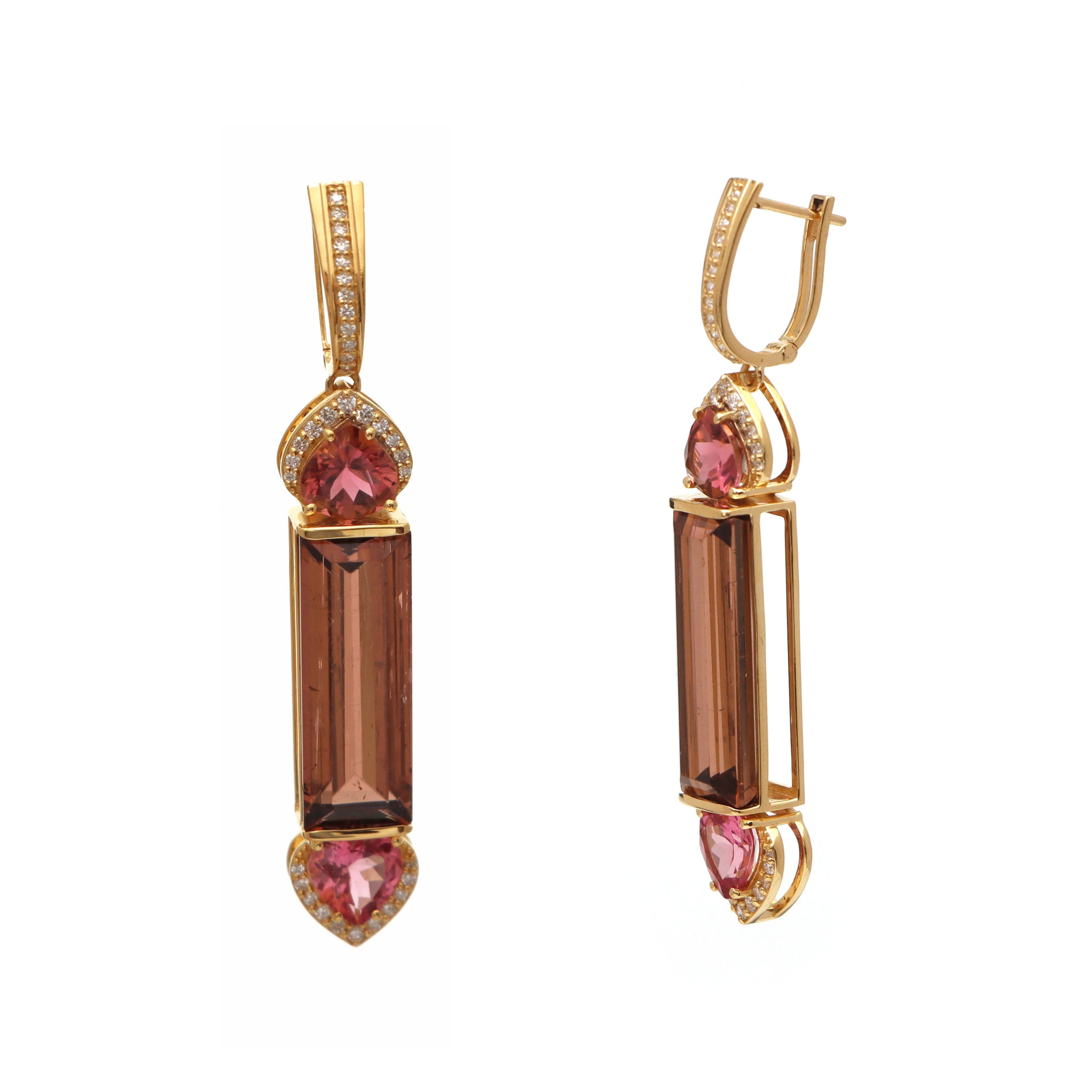 Natural Pink Tourmaline and Tourmaline 18K gold earrings side angle - NFJSD-1571