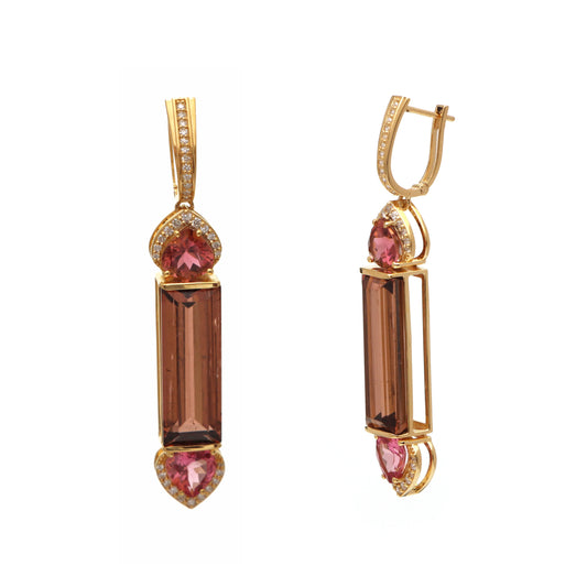Natural Pink Tourmaline and Tourmaline 18K gold earrings side angle - NFJSD-1571