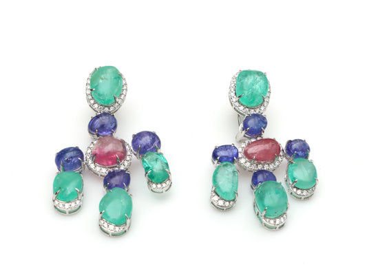 Natural Emerald and Tanzanite 18K gold earrings front view - NFJSD-1760