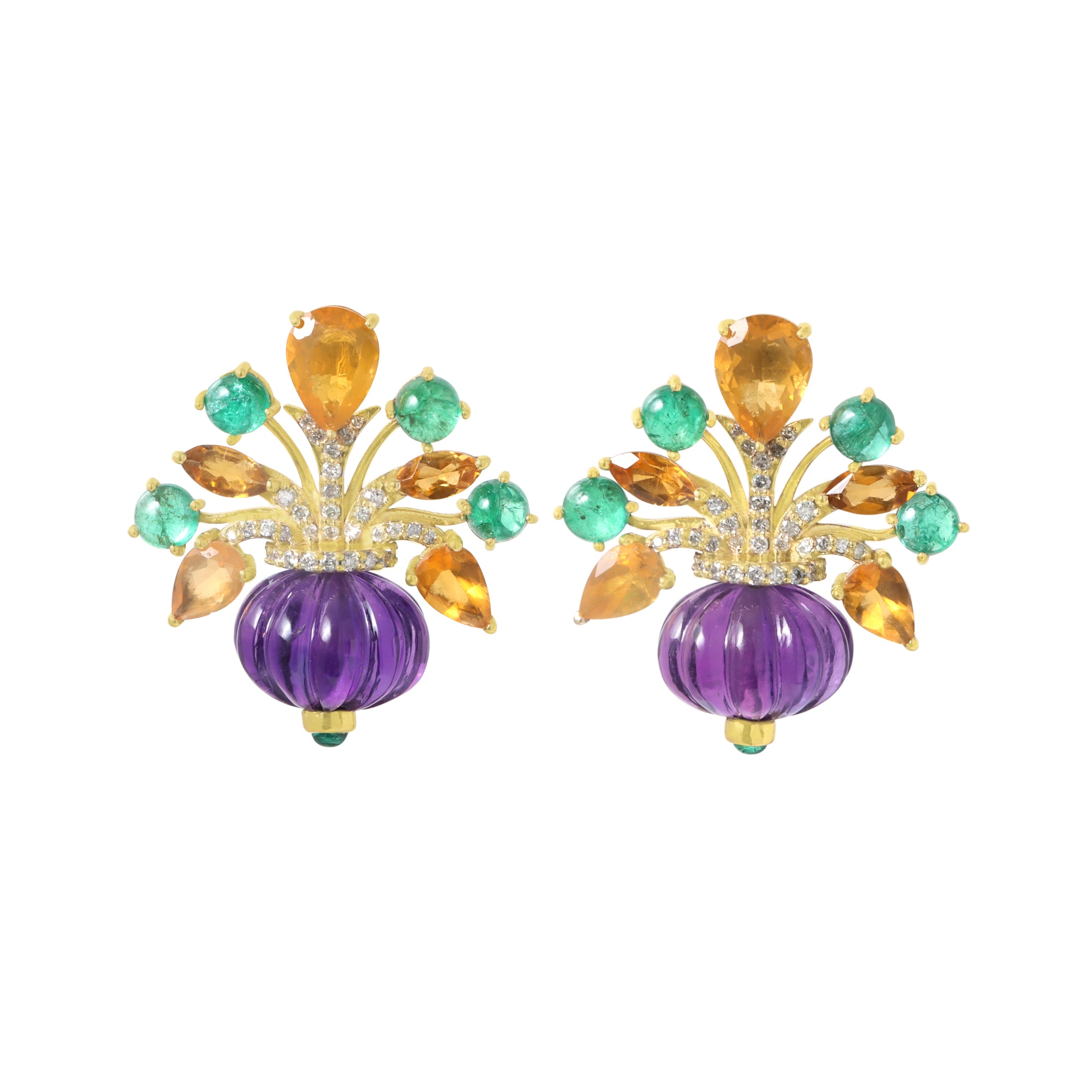 Natural Emerald and Tourmaline 14K gold earrings on-hand view - NFJSD-1856