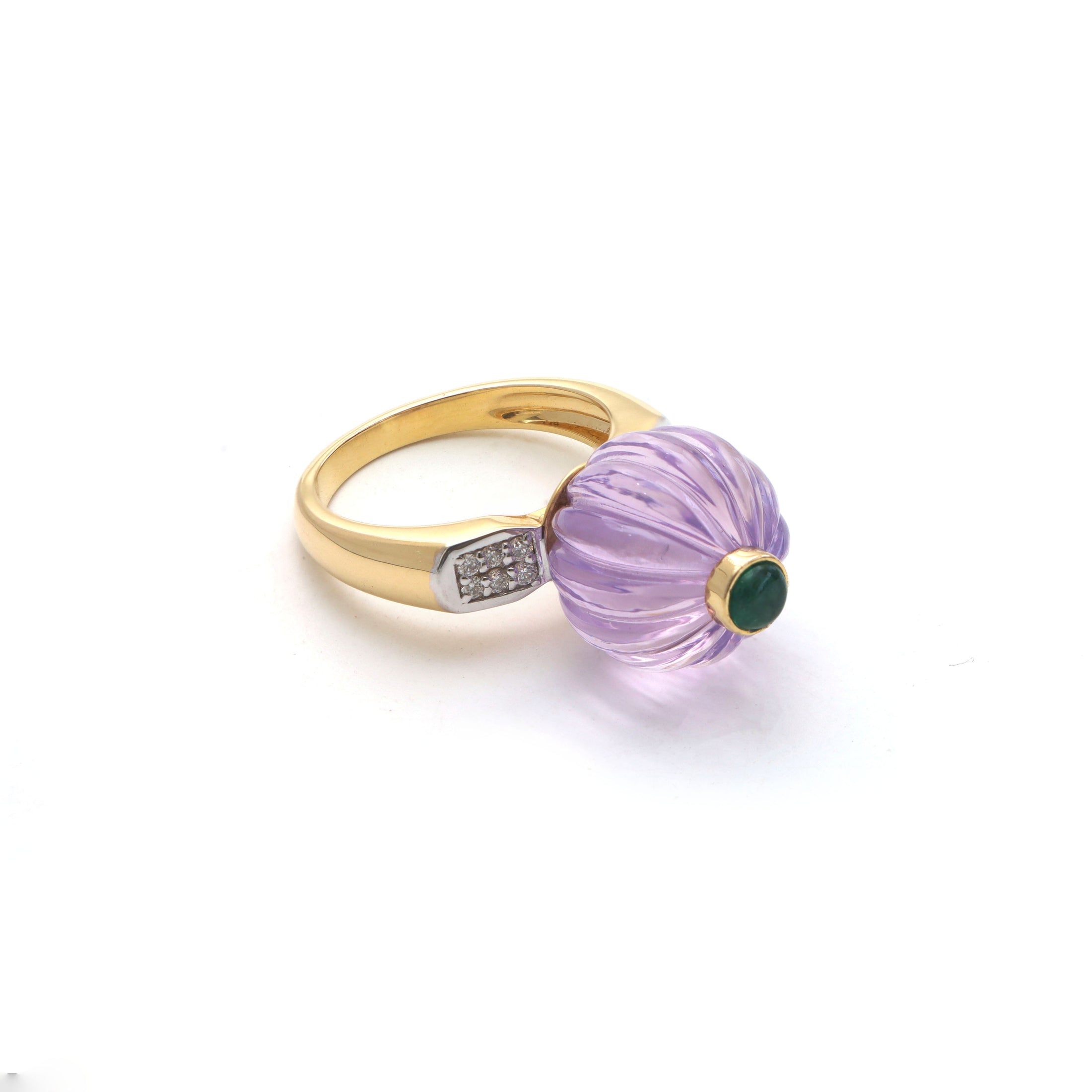Natural Amethyst Carving and Emerald Round Cabs 14K gold ring back view - NFJSD-1012