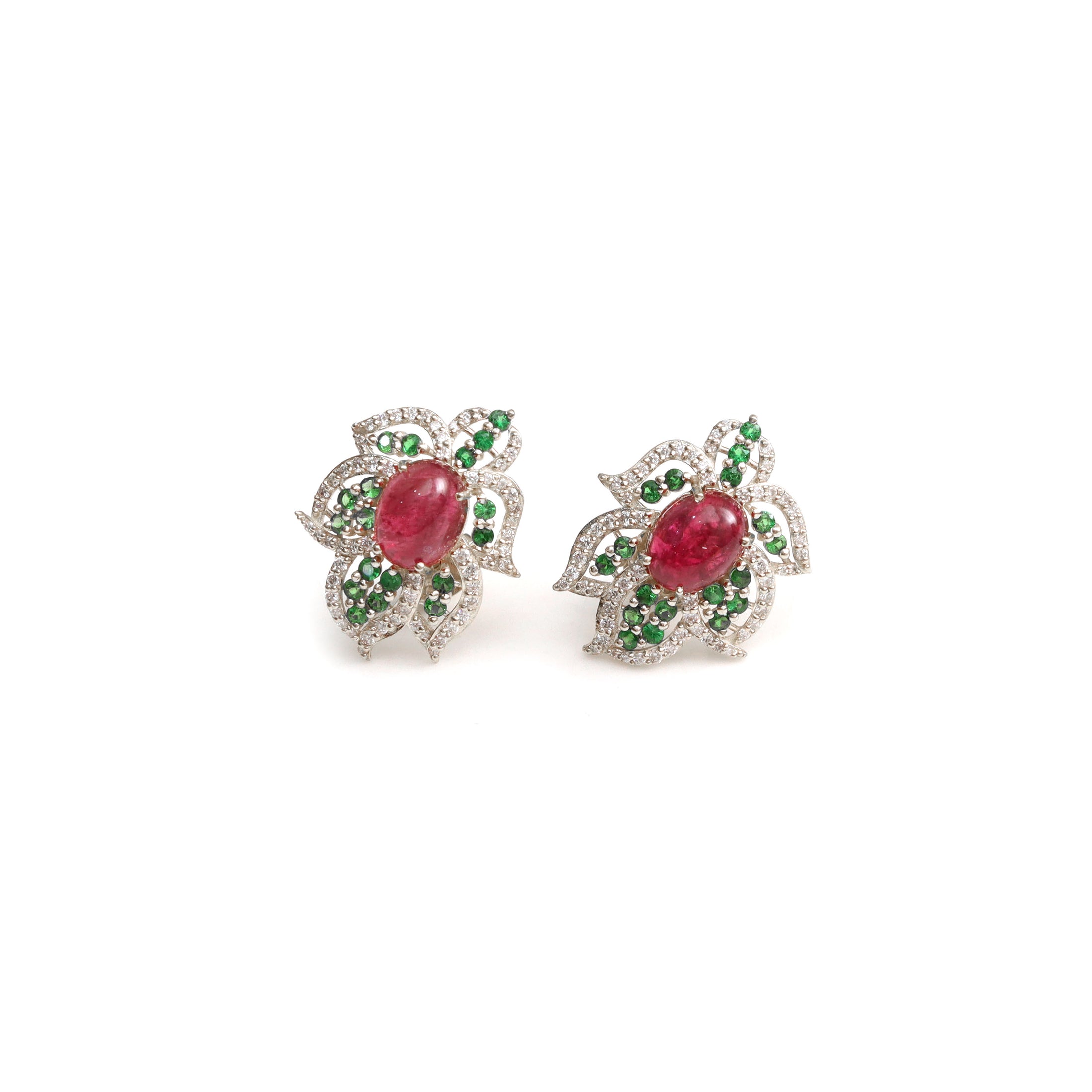 Natural Tsavorite and Rubylite 14K gold earrings front view - NFJSD-2033