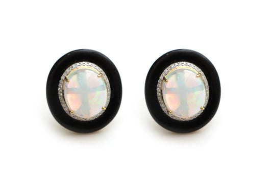 Natural Black Onyx Frame and Ethiopian Opal Oval Cabs 14K gold earrings front view - NFJSD-1306