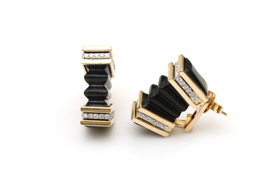 Natural Black Onyx Carving 14K gold earrings front view - NFJSD-1145