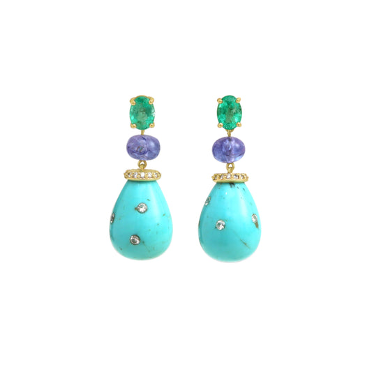 Natural Turquoise and Emerald 14K gold earrings front view - NFJSD-2021