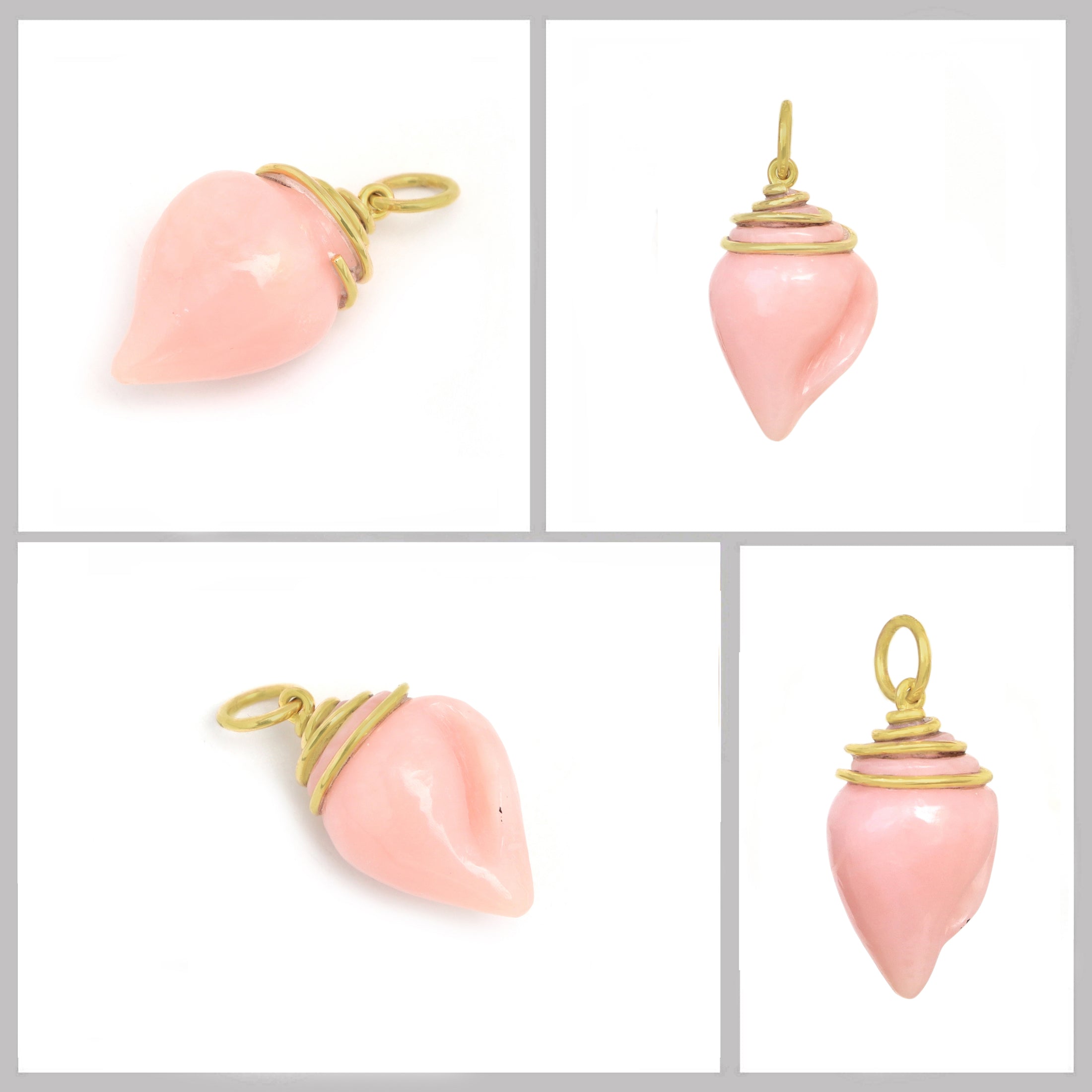 Natural Crystal Carving Shell and Pink Opal Carving Shel 18K gold charm side angle - NFJSD-1386