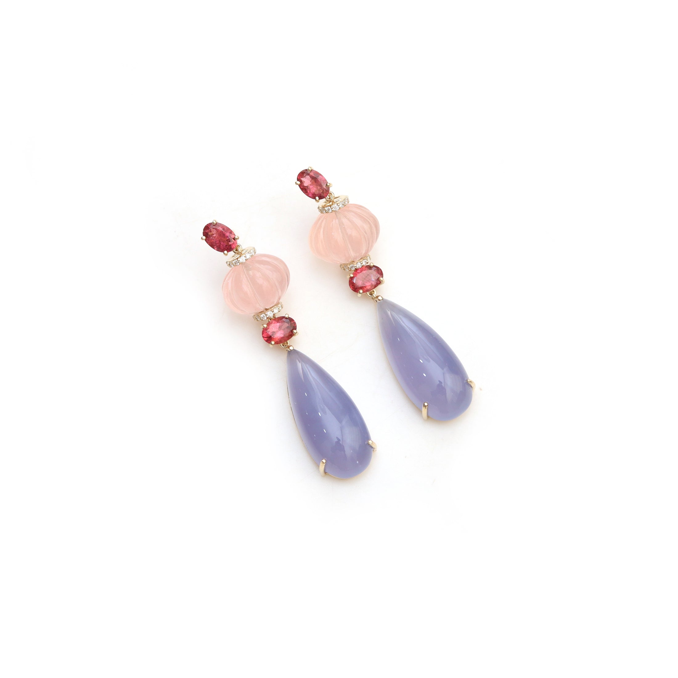 Natural Rose Quartz and Chalcedony 14K gold earrings front view - NFJSD-2007