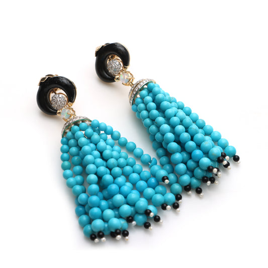 Natural Turquoise & Black Onyx 14K gold earrings front view - NFJSD-1296
