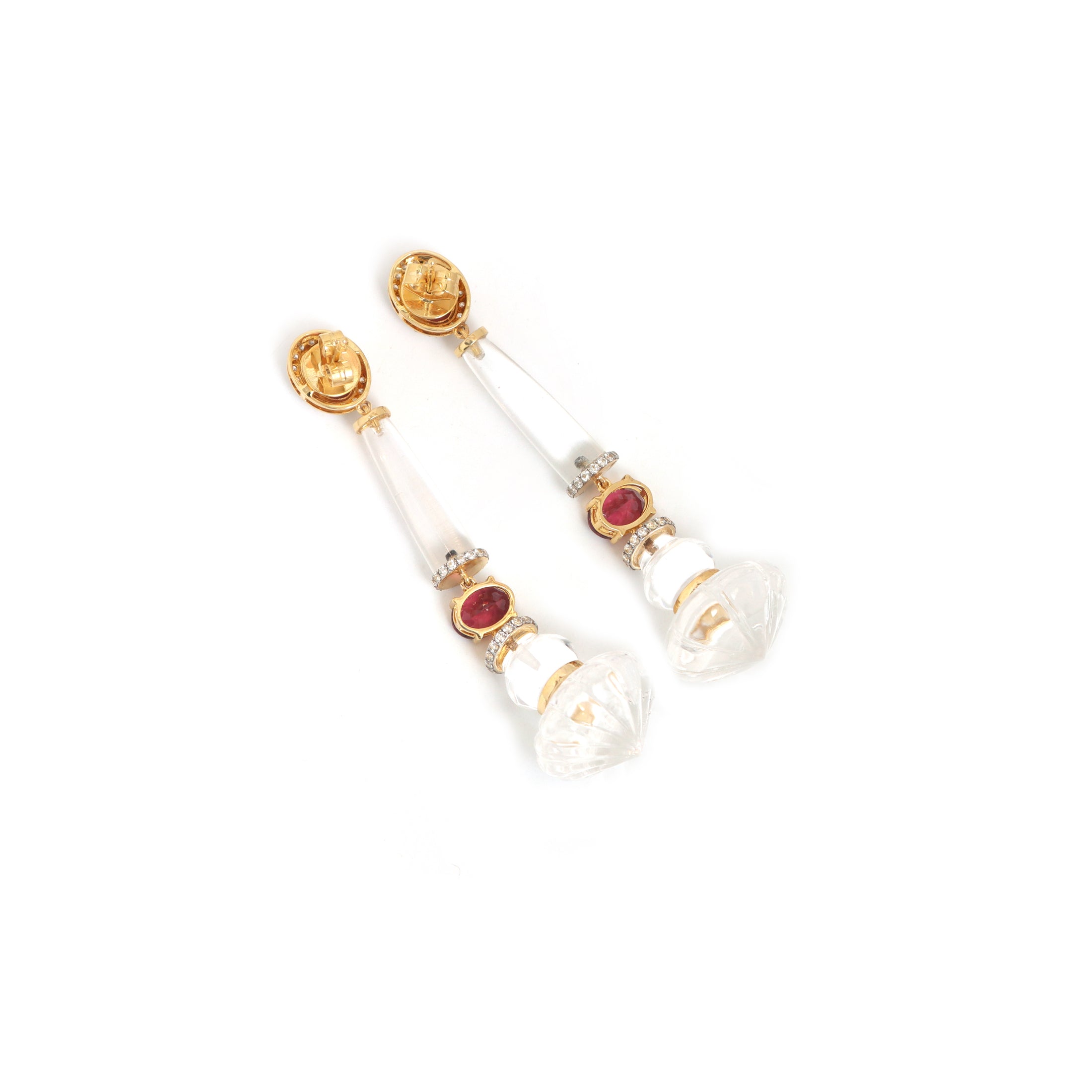 Natural Crystal and Tourmaline 14K gold earrings close-up detail - NFJSD-1829