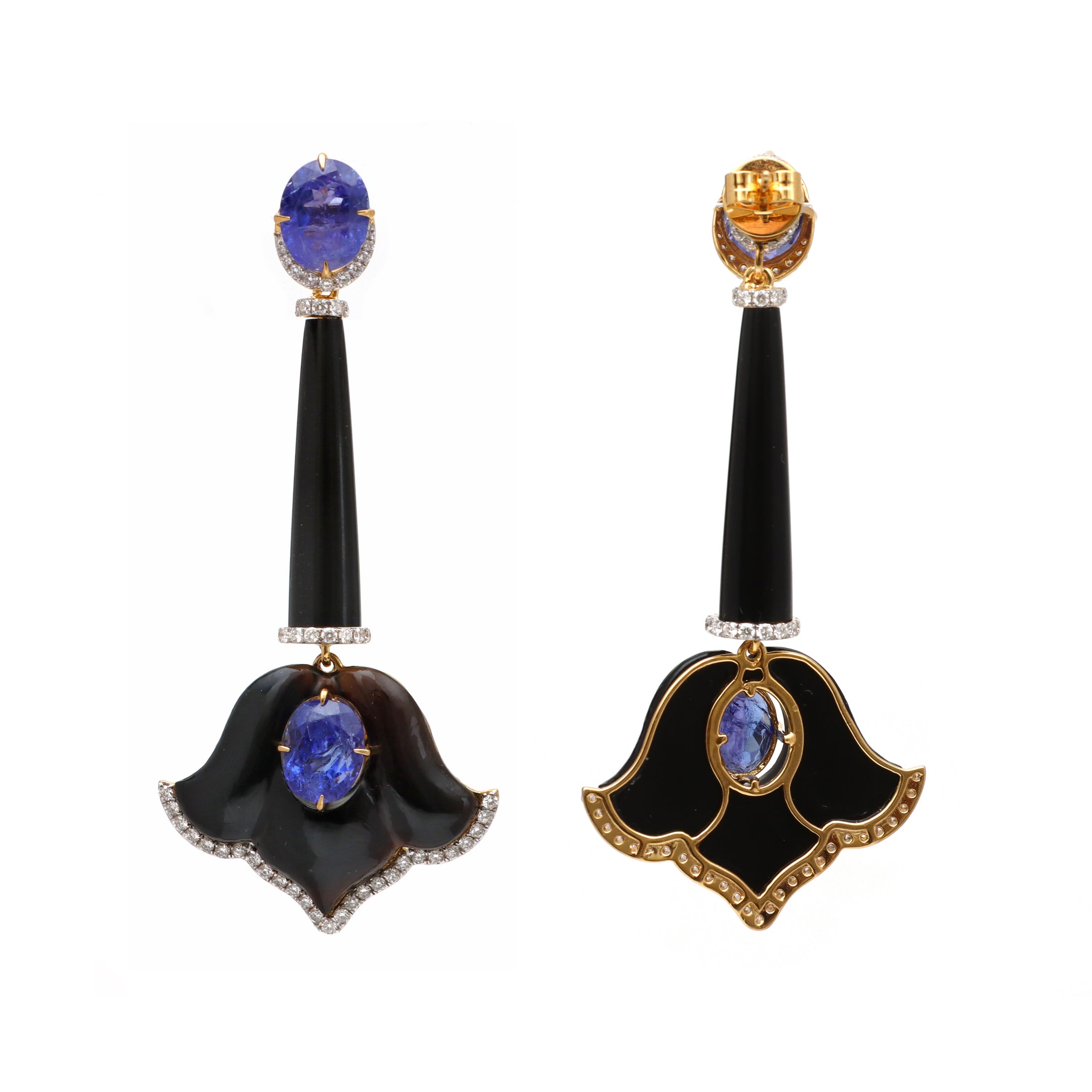 Natural Black Onyx and Tanzanite 18K gold earrings top view - NFJSD-1728