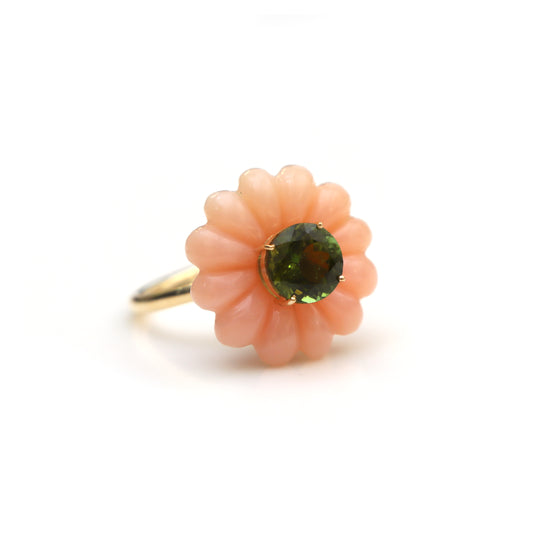 Natural Pink Opal Carving and Green Tourmaline 14K gold ring front view - NFJSD-1563