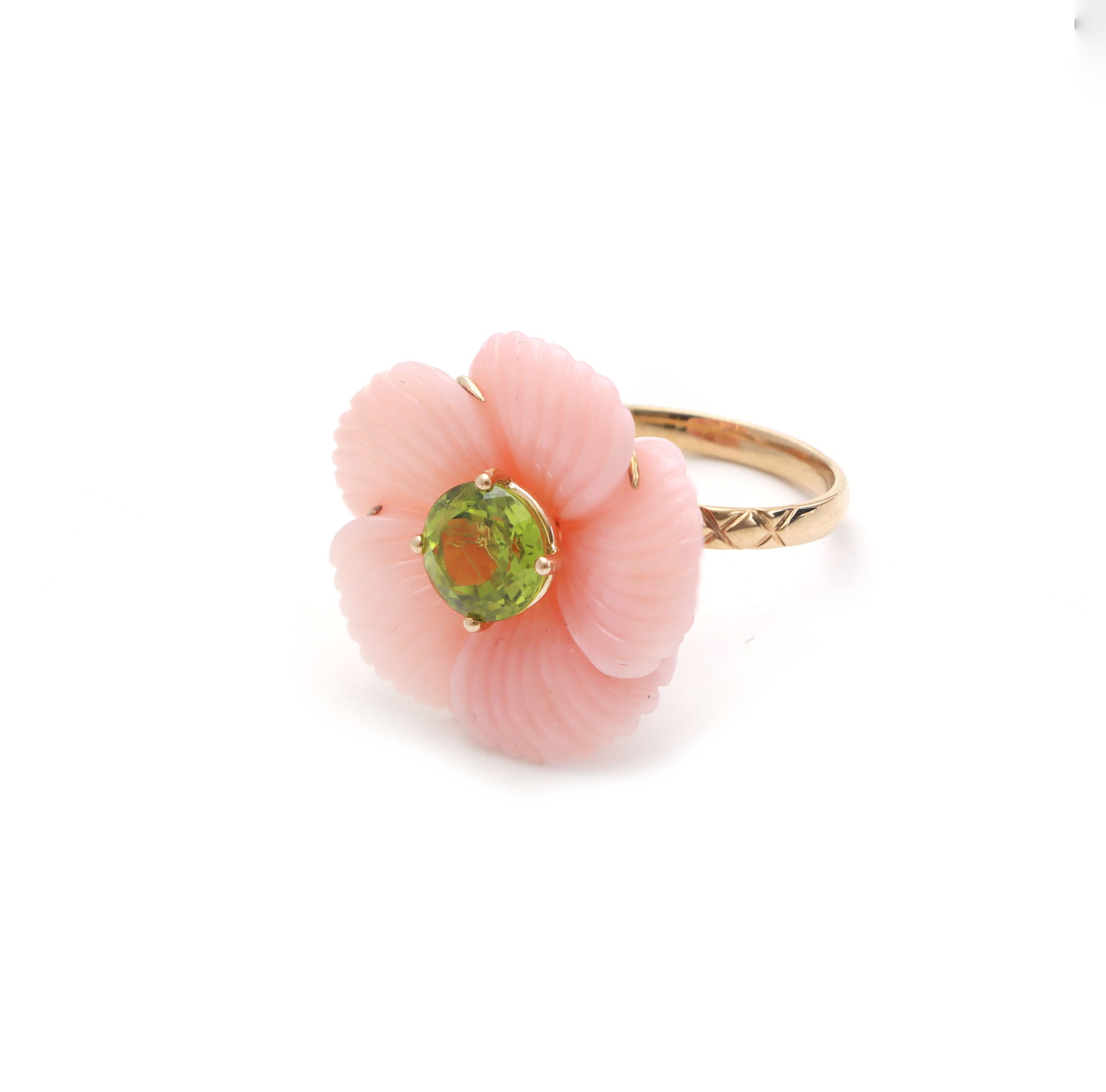 Natural Peridot Round Cut and Pink Opal Flower 14K gold ring close-up detail - NFJSD-1030