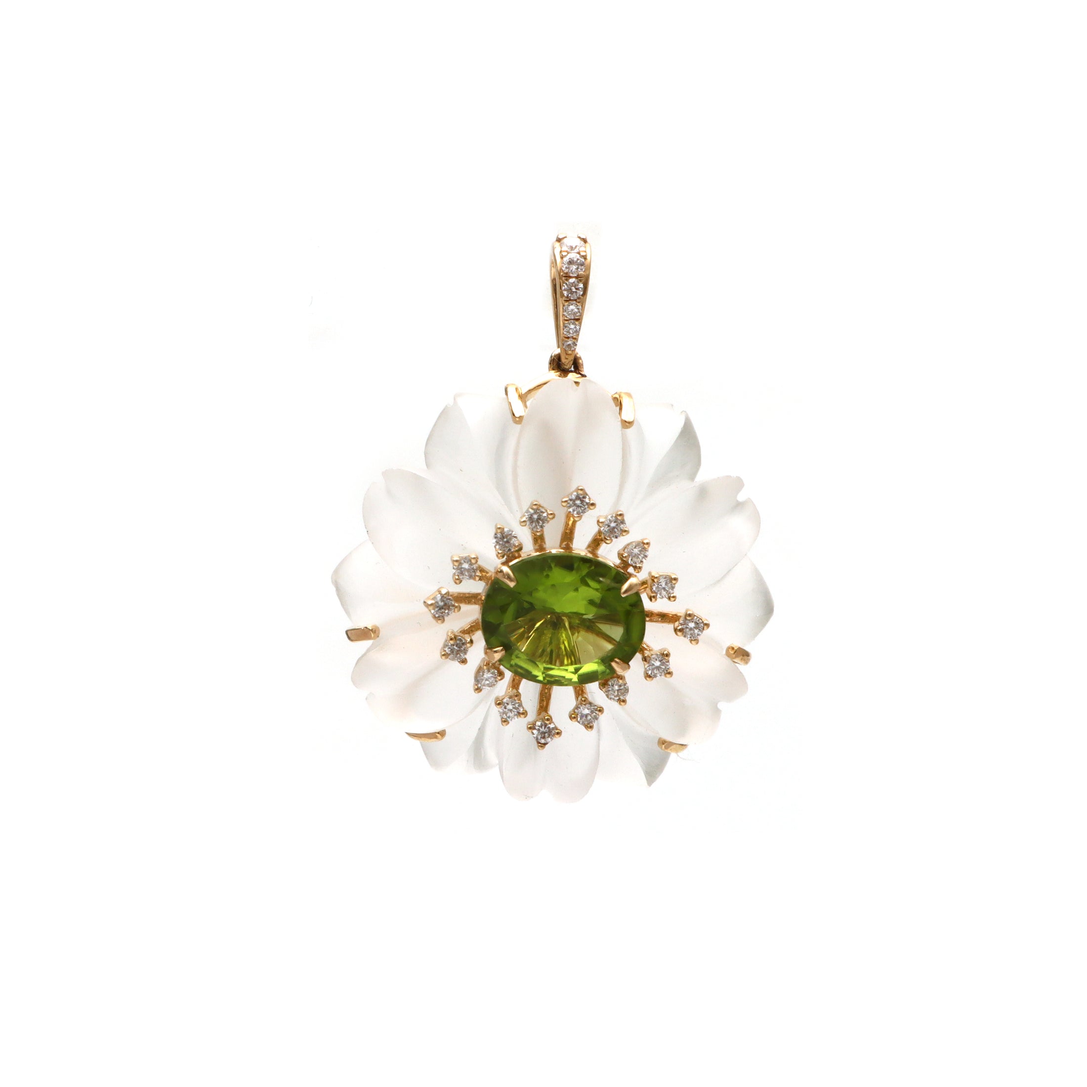 Natural Crystal Carving and Peridot 14K gold pendant close-up detail - NFJSD-1644