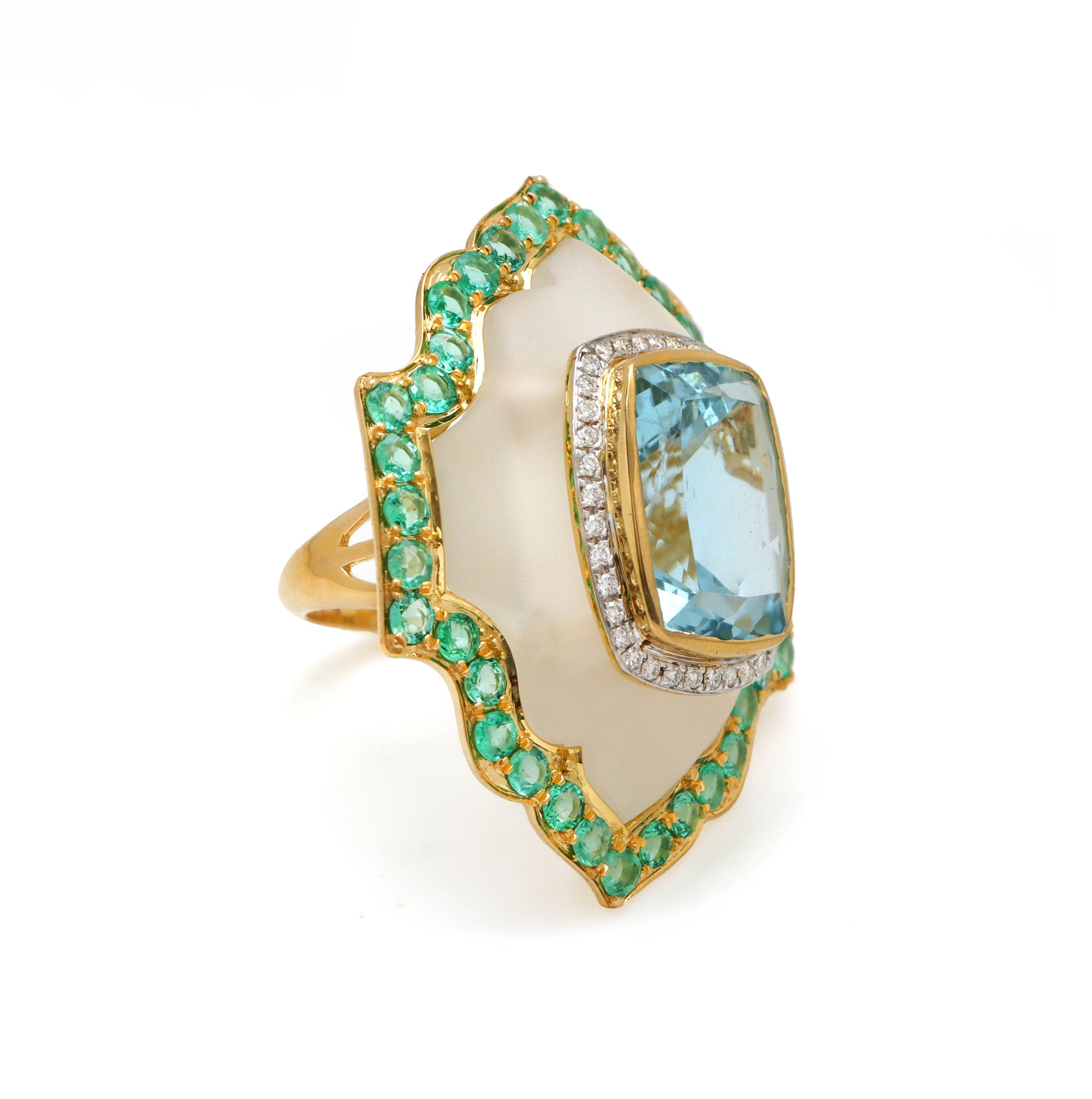 Natural Crystal and Aquamarine 18K gold ring top view - NFJSD-1596
