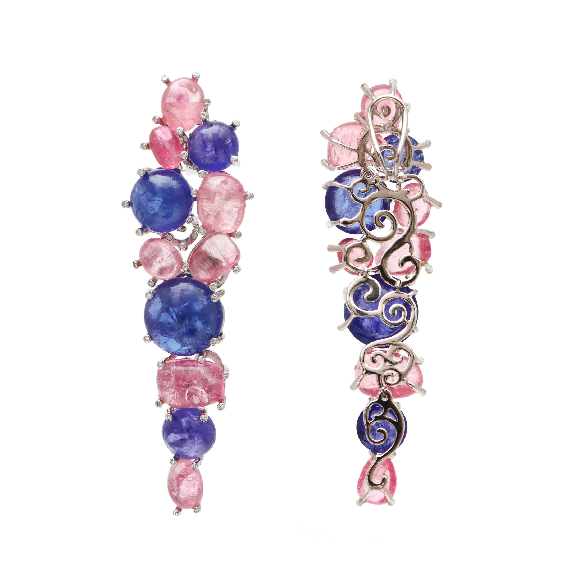 Natural Tourmaline and Tanzanite 18K gold earrings close-up detail - NFJSD-1739