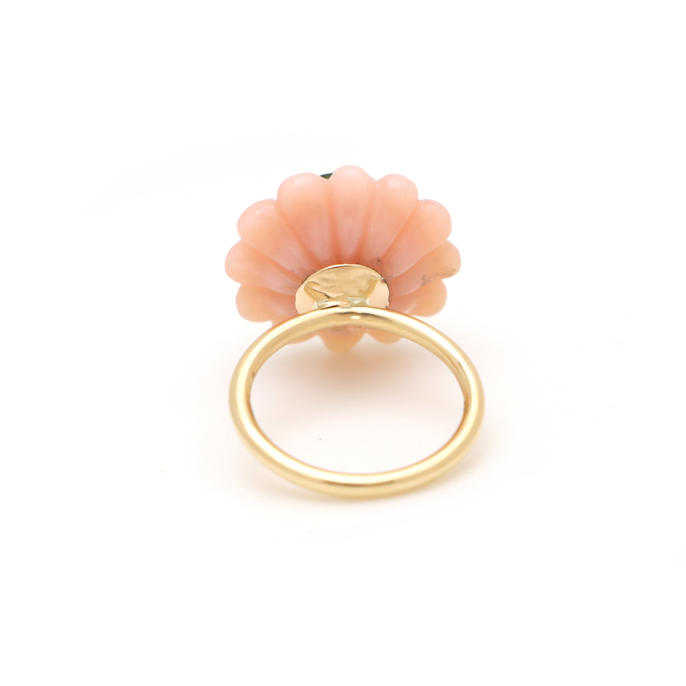 Natural Pink Opal Carving and Green Tourmaline 14K gold ring close-up detail - NFJSD-1563