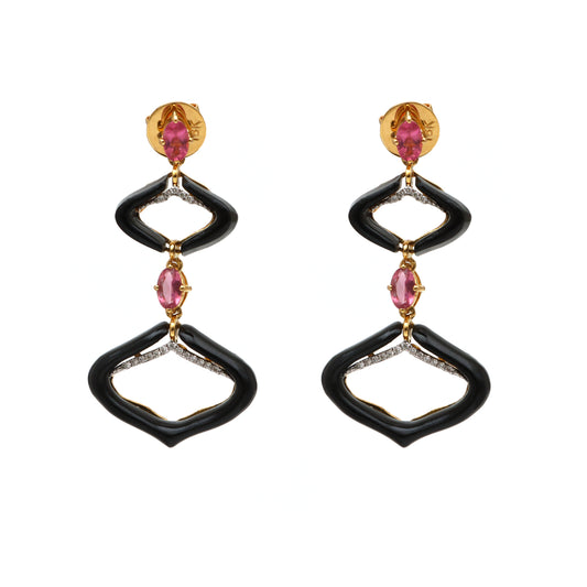 Natural Black Onyx and Tourmaline 18K gold earrings front view - NFJSD-1720